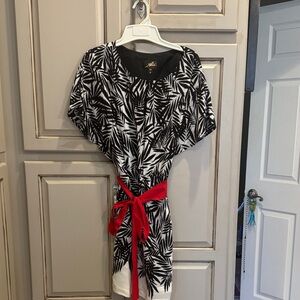 Black and White Leaf Print Dress with Red Belt